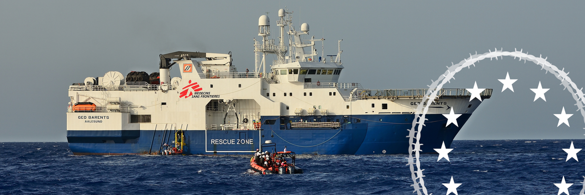 Seenotrettung: private Seenotretter der Organisation "Ärzte ohne Grenzen" im zentralen Mittelmeer: die als Rettungsschiff gecharterte "Geo Barents" mit Overlay der Artikelreihe zur EU-Asylreform
