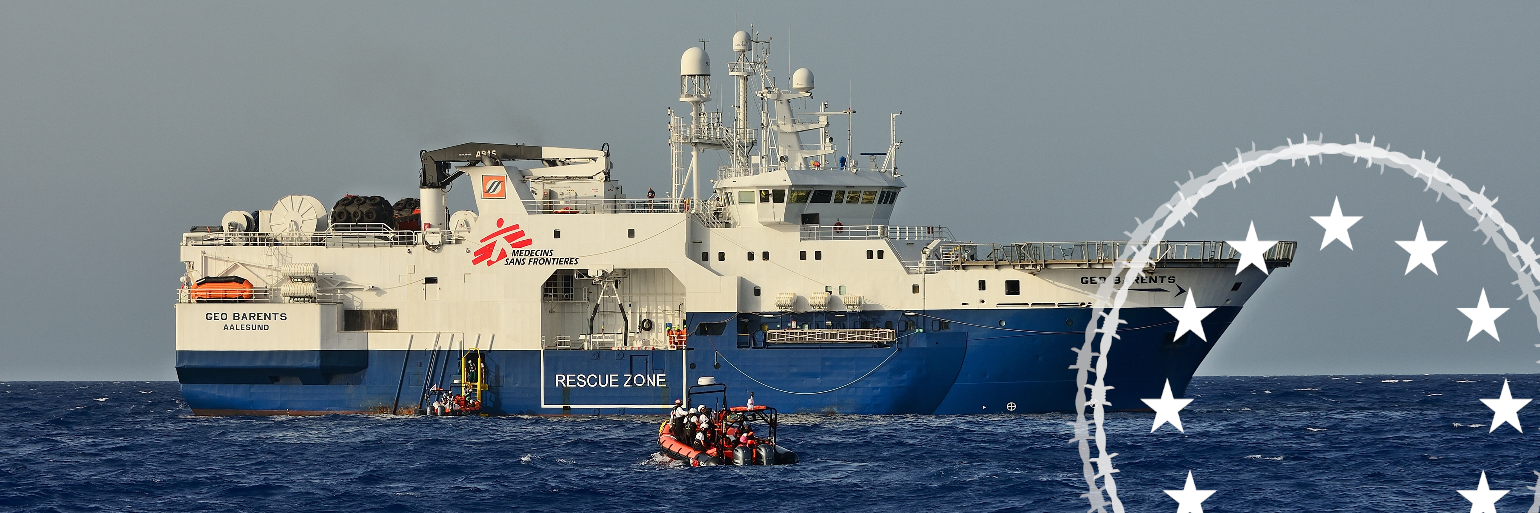 Sea rescue: private sea rescuers from the organisation "Médecins Sans Frontières (MSF)" in the central Mediterranean: the "Geo Barents" chartered as a rescue ship with overlay of the series of articles on the EU asylum reform