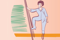 Person steht in Arbeitskleidung mit einem Fuß auf einer Leiter