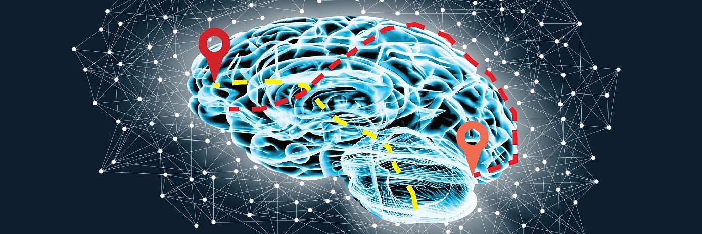 Illustration eines menschlichen Gehirns auf schwarzem Hintergrund, umgeben von einem Netzwerk von Punkten.