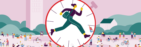 Illustration: Eine Frau rennt in einer großen Uhr, um sie herum sind Menschen in verschiedenen Situationen, z.B. bei der Arbeit, auf dem Rad