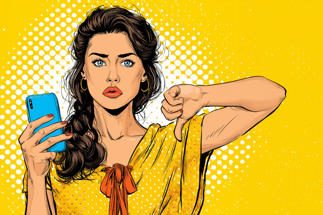 Illustration einer Frau, die ein Mobiltelefon in einer Hand hält und mit der anderen Hand den Daumen nach unten zeigt.