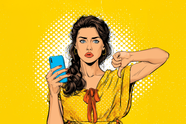 Illustration einer Frau, die ein Mobiltelefon in einer Hand hält und mit der anderen Hand den Daumen nach unten zeigt.