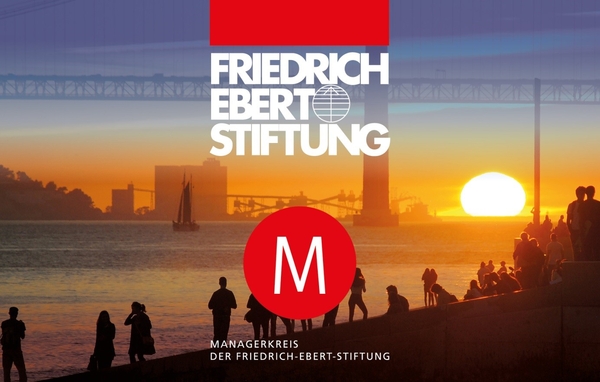 Menschen vor einem Sonnenuntergang. In der BIldmitte das Logo des Managerkreises NRW.