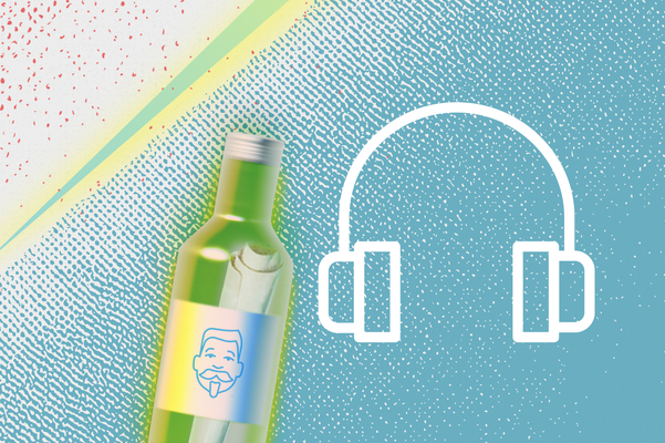 Eingerolltes Papier in Glasflasche neben Icon eines Kopfhörers