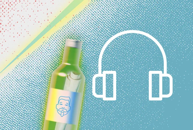 Eingerolltes Papier in Glasflasche neben Icon eines Kopfhörers