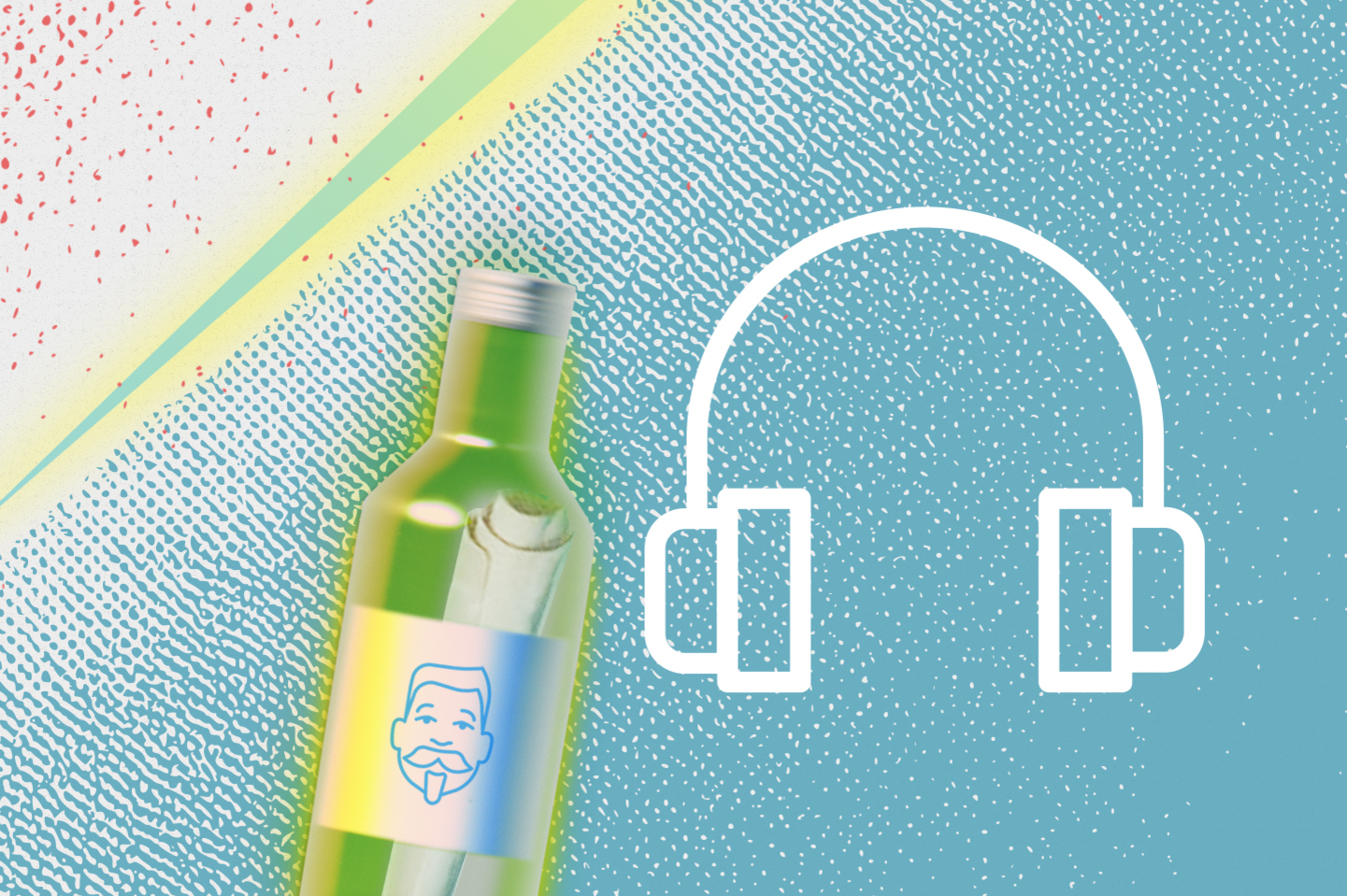 Eingerolltes Papier in Glasflasche neben Icon eines Kopfhörers