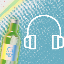 Eingerolltes Papier in Glasflasche neben Icon eines Kopfhörers