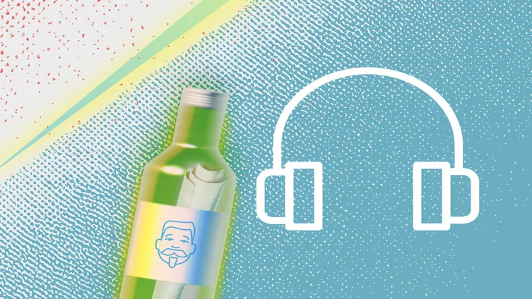 Eingerolltes Papier in Glasflasche neben Icon eines Kopfhörers