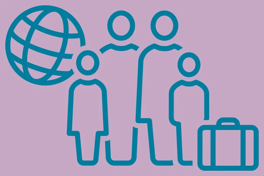 Icons auf violettem Untergrund: Mehrere Personen, ein Koffer und ein Globus