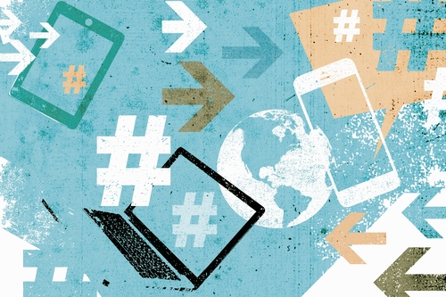 Illustration mit einem Laptop, Smartphone und einer Weltkugel
