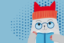 Die Grafik zeigt eine Katze mit Brille und einer roten Mütze, die ein Buch lin den Händen hält