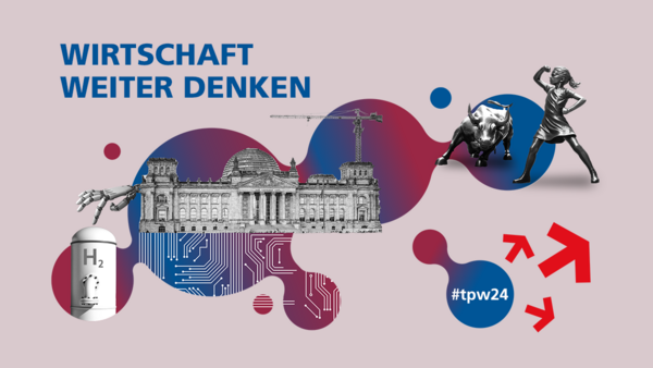 Visual des „Tag der Progressiven Wirtschaftspolitik“ mit der Aufschrift „Wirtschaft weiter denken. TPW24“ in Blau auf hellem Hintergrund. Zudem einzelne Symbole wie der Bundestag, ein Baukran, ein Wasserstoffbehälter, eine Roboterhand und eine Platine.