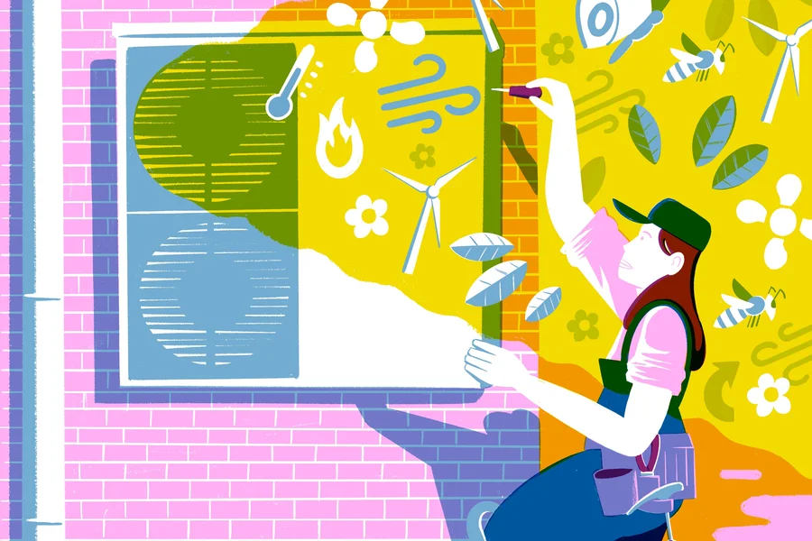 Frau, die an einer Wärmepumpe arbeitet