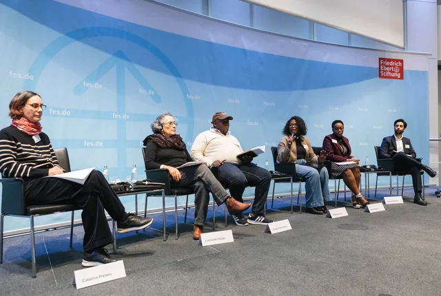 Panel discussion with Catalina Pislaru, Lucineide Varjao, Justice Chinhema, Zingiswa Losi, Sonia Kgomo and Rashad Abelson.