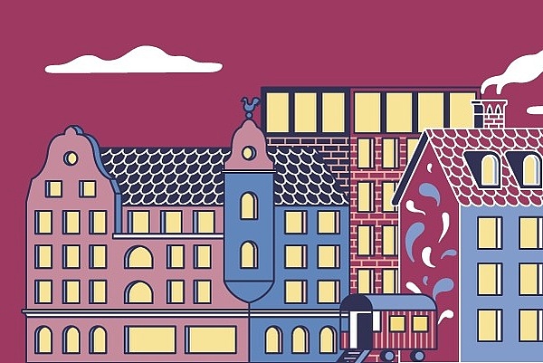 Das Bild zeigt eine Zeichnung von unterschiedlichen Wohnhäusern, alt, modern, klein , groß.