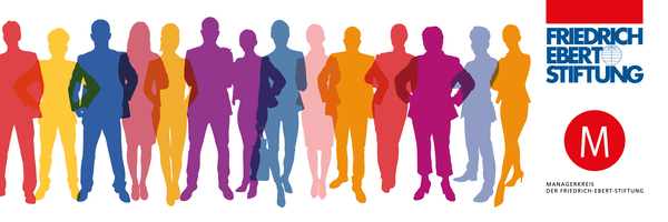 Ein Banner, dass eine Gruppe von Menschen zeigt, die durch unterschiedlich farbige Silhouetten dargestellt sind. Auf der rechten Seite des Bildes befindet sich das Logo des Managerkreises der Friedrich-Ebert-Stiftung.