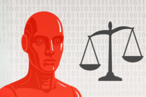 Digitale Illustration: Ein roter, stilisierter humanoider Kopf und Oberkörper vor einem beigen Hintergrund mit grauem Binärcode, rechts daneben eine schwarze Justitia-Waage