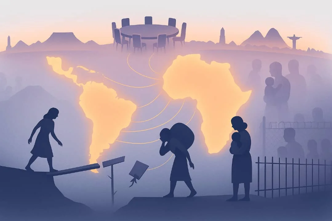 Illustration, die den Kampf von Migrant:innen aus Afrika und Lateinamerika beleuchtet. Karte mit zwei Kontinenten, Silhouetten symbolisieren unsichere Wege, Ausbeutung von Arbeitskraft, Abwertung und fehlenden Schutz