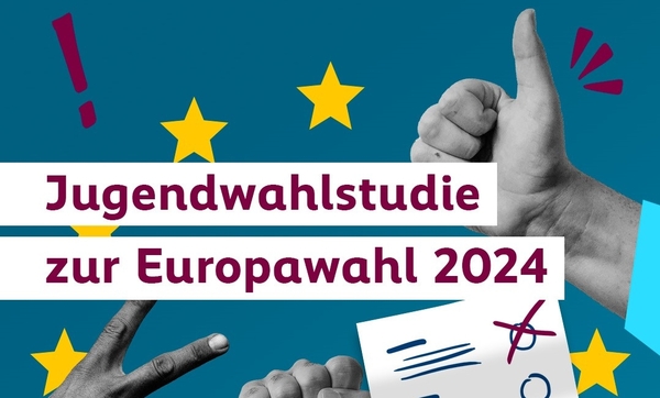 Das Bild zeigt einen dunkelblauen Hintergrund mit dem Titel „Jugendwahlstudie zur Europawahl 2024“ in großen, lilafarbenen und weißen Buchstaben. Verschiedene Schwarz-Weiß-Hände zeigen Gesten wie Daumen hoch oder halten ein markiertes Papier, umgeben von gelben Sternen, roten Ausrufezeichen und lilafarbenen Fragezeichen. Unten rechts ist das rote Logo der Friedrich-Ebert-Stiftung zu sehen.