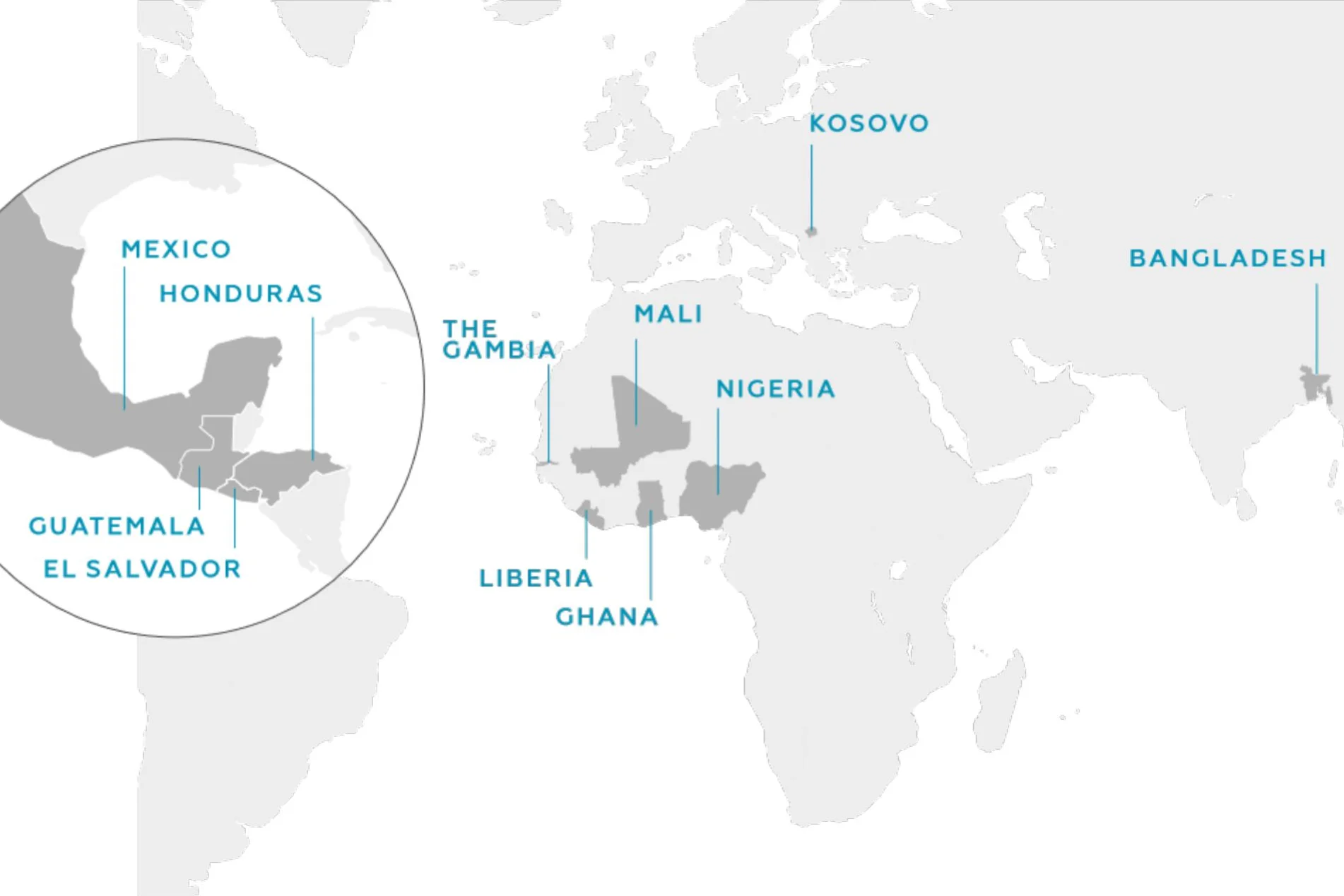 Weltkarte in Grau und Weiß. Hervorgehoben sind die Länder Mexiko, Honduras, Guatemala, El Salvador, Gambia, Liberia, Ghana, Mali, Nigeria, Kosovo und Bangladesch.