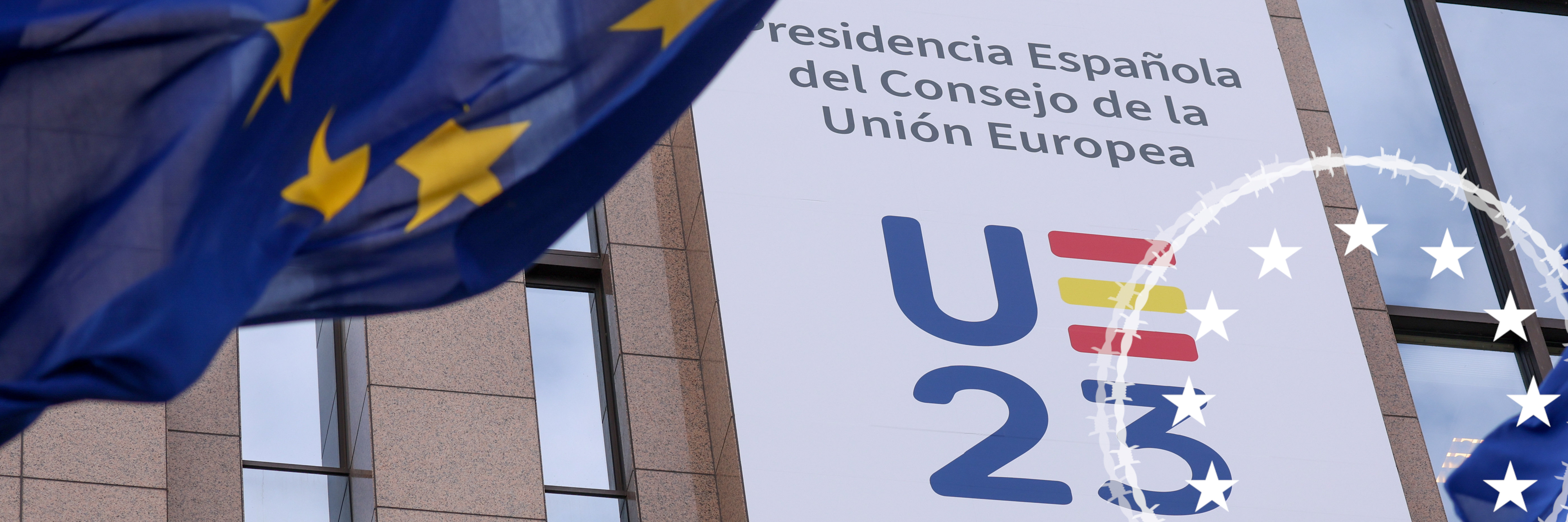 Spanischer Ratsvorsitz: Riesenplakat auf EU-Ratsgebäude