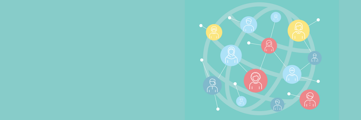 Grafik einer Weltkugel mit diversen menschlichen Icons 