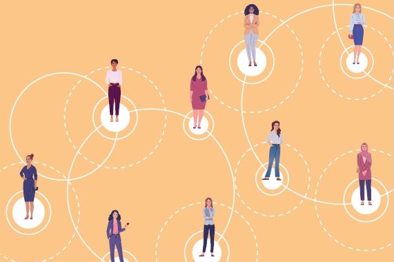 diverse Frauenfiguren in einer Netzwerkstruktur