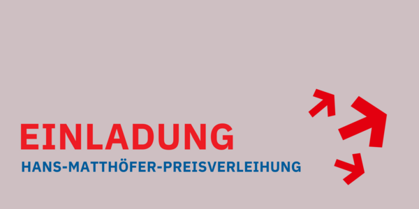 "Einladung" und "Hans-Matthöfer-Preisverleihung" in roter Schrift auf hellem Grund, daneben rote Pfeile