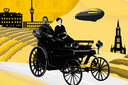 Bildsymbole für das Land Baden-Württemberg wie Fernsehturm Stuttgart, Weinreben, Zeppelin, Brezel, Freiburger Münster