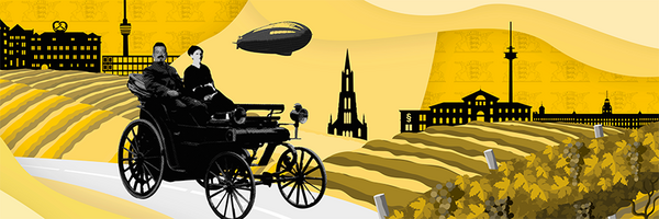 Bildsymbole für das Land Baden-Württemberg wie Fernsehturm Stuttgart, Weinreben, Zeppelin, Brezel, Freiburger Münster