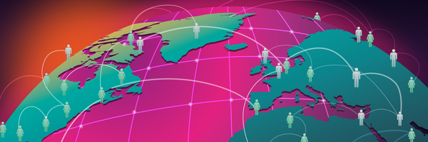 An illustration of a globe surrounded by a network of people.