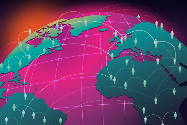 An illustration of a globe surrounded by a network of people.