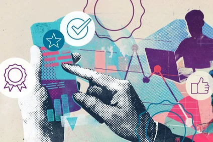 Personen, die Daten mithilfe digitaler Technologien analysieren, stilisierte Abzeichen, Badges