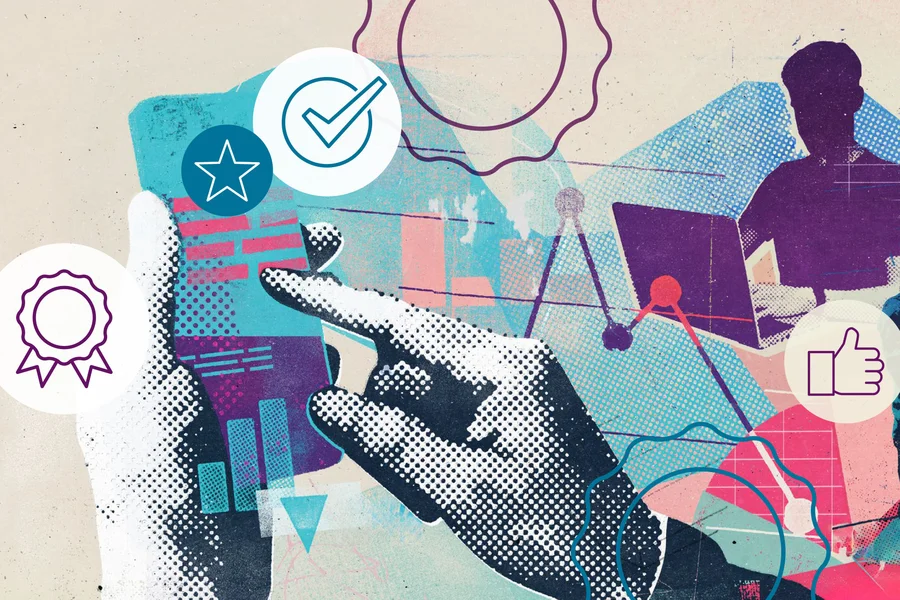 Personen, die Daten mithilfe digitaler Technologien analysieren, stilisierte Abzeichen, Badges