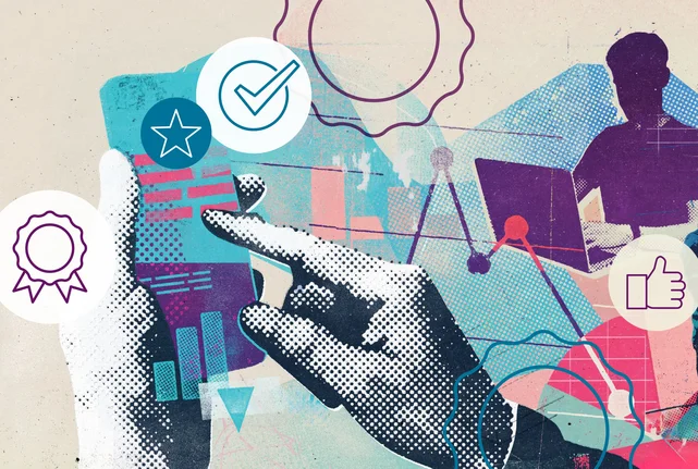 Personen, die Daten mithilfe digitaler Technologien analysieren, stilisierte Abzeichen, Badges