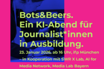 Grafik mit Aufschrift: Bots & Beers. Ein KI-Abend für Journalist*innen in Ausbildung 