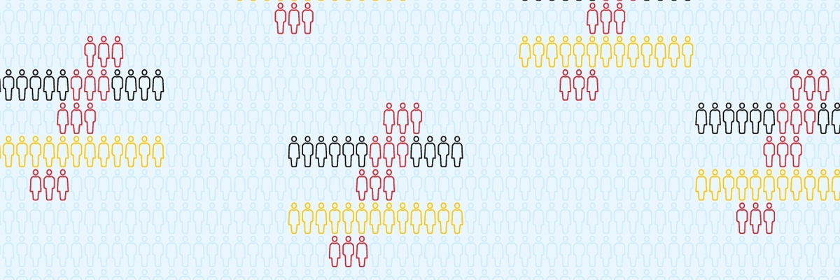 Illustration: Mehrere Ungleichheitszeichen in den Farben Schwarz, Rot und Gelb werden aus Personen-Piktogrammen gebildet