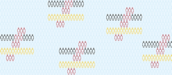 Illustration: Mehrere Ungleichheitszeichen in den Farben Schwarz, Rot und Gelb werden aus Personen-Piktogrammen gebildet